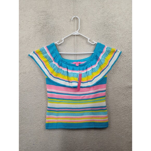 Lilly Pulitzer Tops - Lily Pulitzer Women Sweater Large Blue Striped Cotton Blend Off Shoulder Knit